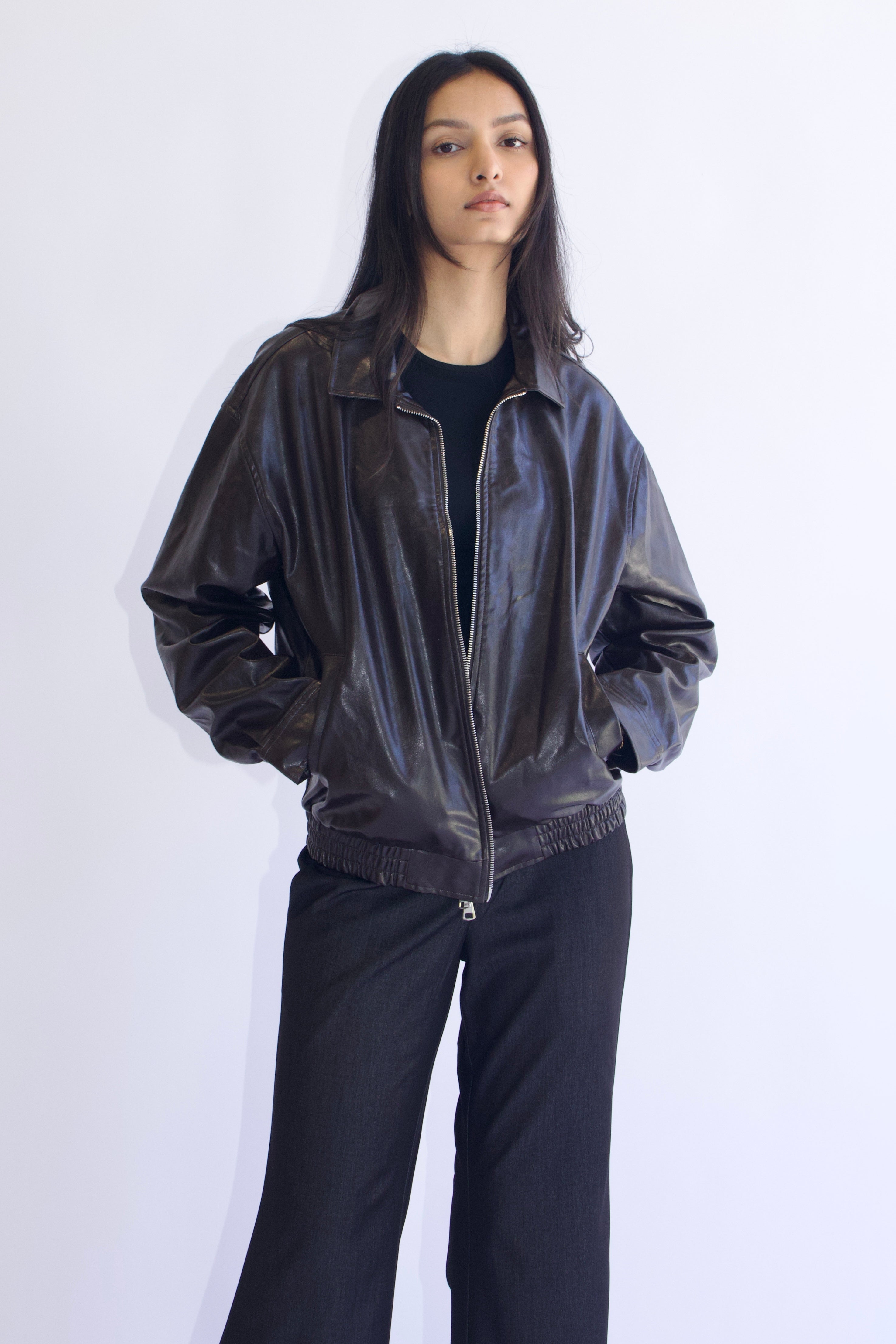90s faux leather bomber jacket in brown with vintage oversized comfortable fit by SCG MADE