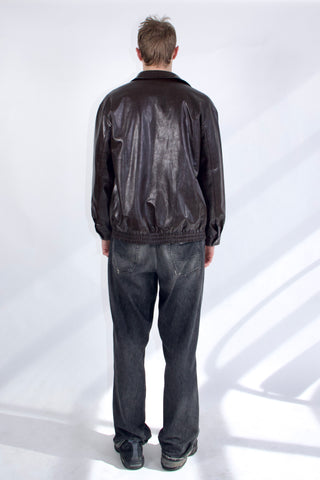 Basic 90s Style Faux Leather Bomber Jacket in Brown