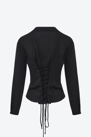 Noir Lace-Back Ruched Blouse