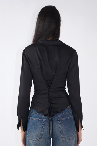 Noir Lace-Back Ruched Blouse