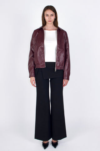 Basic 90s Style Faux Leather Bomber Jacket in Wine
