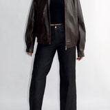 SCG MADE | Basic 90s Style Faux Leather Bomber Jacket in Brown