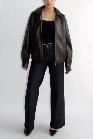 Basic 90s Style Faux Leather Bomber Jacket in Brown