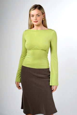 Celine Bamboo Bell Sleeve Boatneck Tie-Back Top