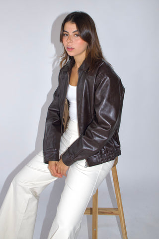 Basic 90s Style Faux Leather Bomber Jacket in Brown