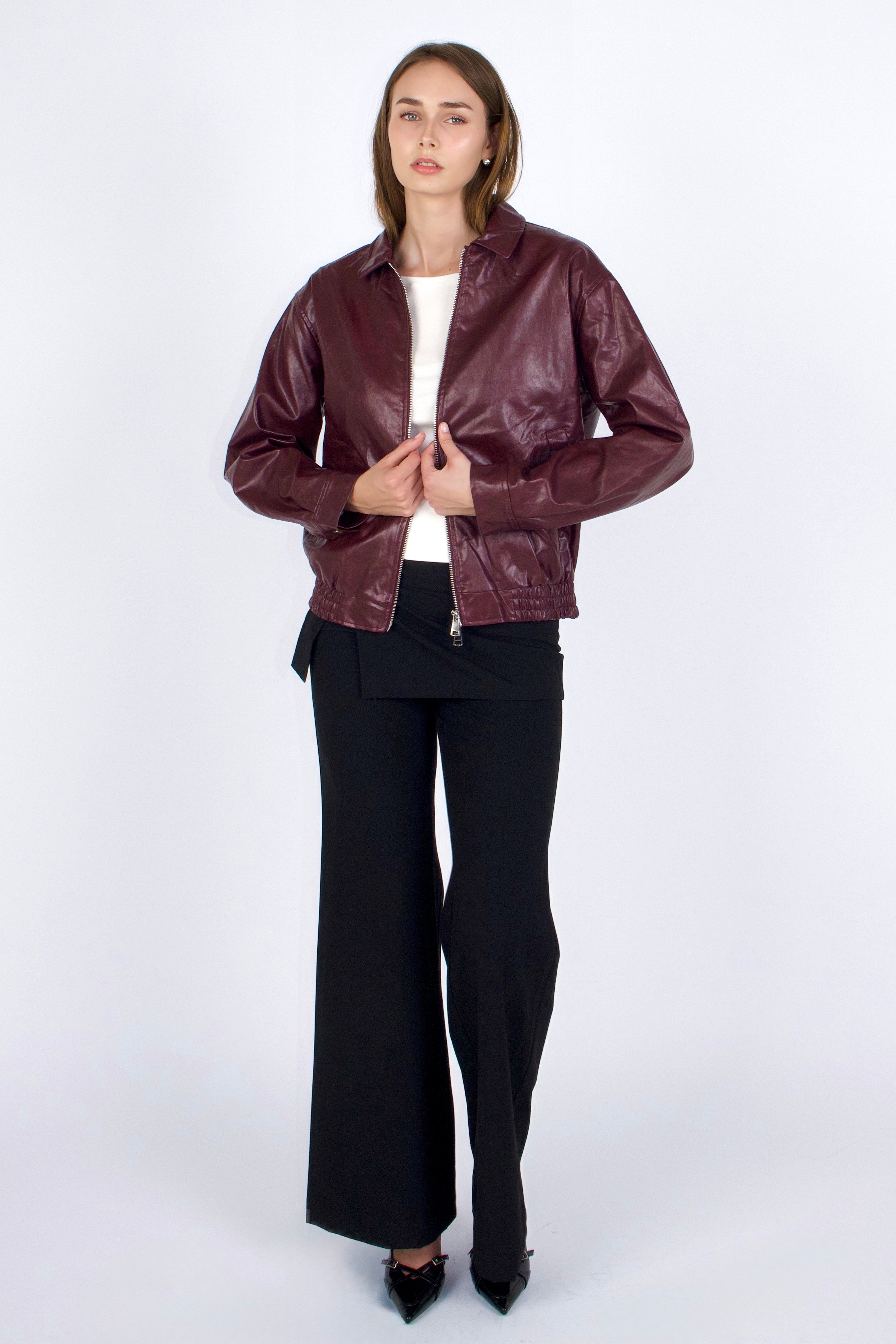SCG MADE | Basic 90s Style Faux Leather Bomber Jacket in Wine