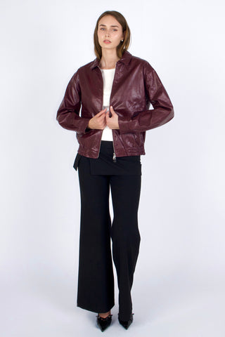 Basic 90s Style Faux Leather Bomber Jacket in Wine