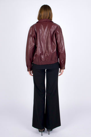 Basic 90s Style Faux Leather Bomber Jacket in Wine