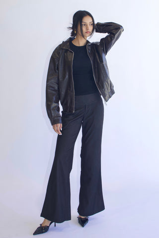 Basic 90s Style Faux Leather Bomber Jacket in Brown