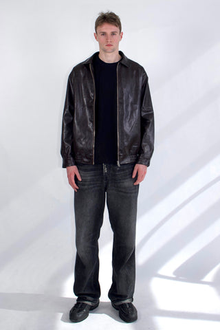 Basic 90s Style Faux Leather Bomber Jacket in Brown