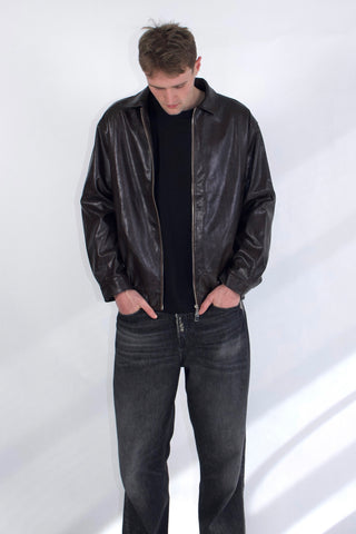 Basic 90s Style Faux Leather Bomber Jacket in Brown