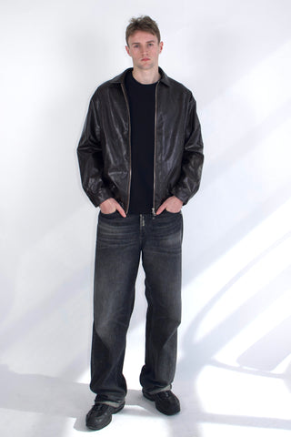 Basic 90s Style Faux Leather Bomber Jacket in Brown